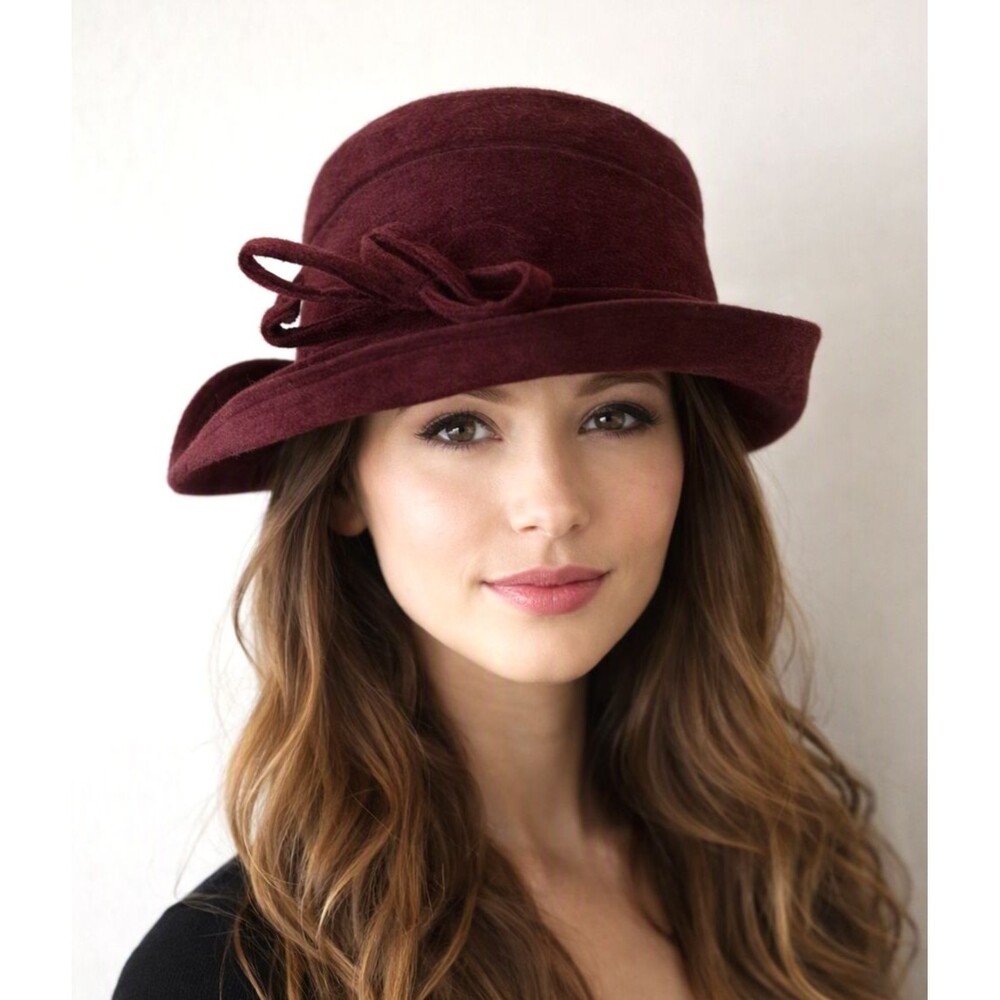 Vintage August Ruby Wool Cloche Hat w/ Upturn Brim & Bow 1920s Revival Y2K Style